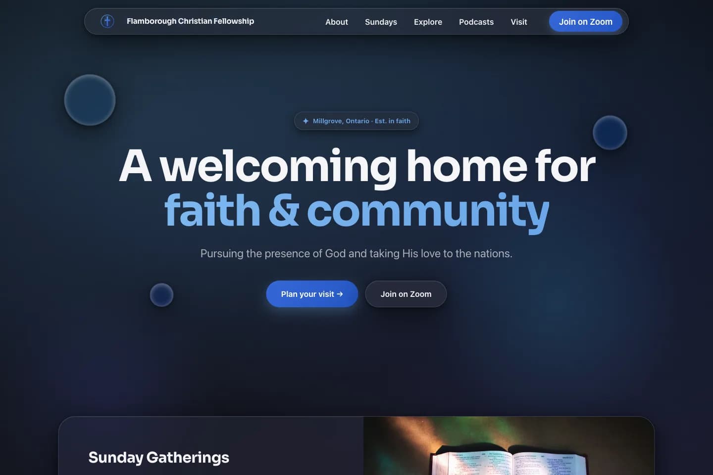 Flamborough Christian Fellowship website in dark mode