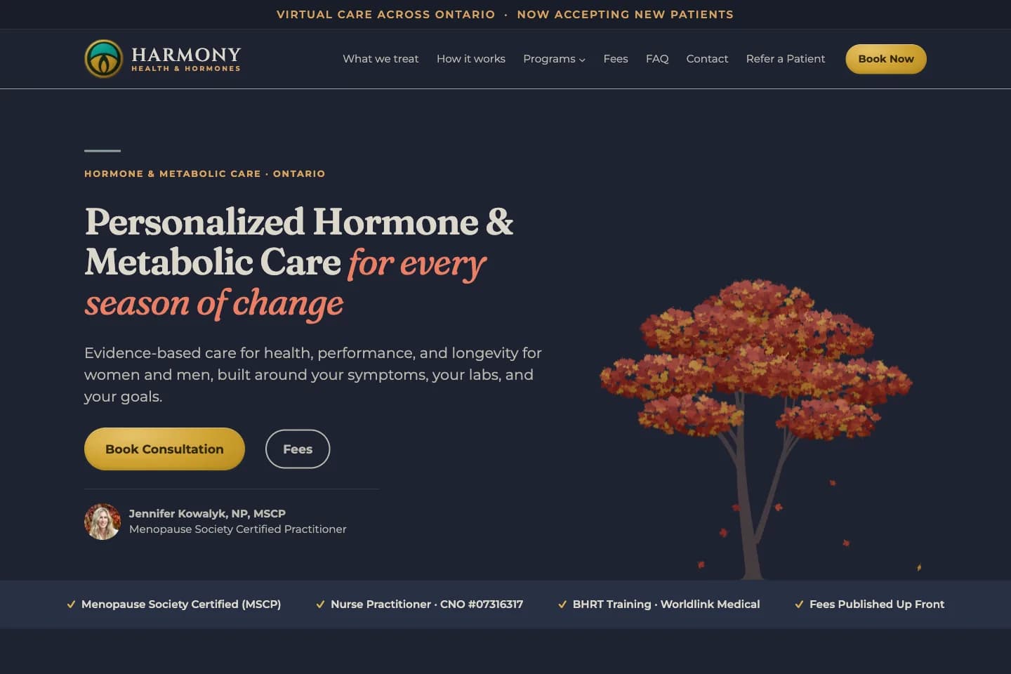 Harmony Health & Hormones website in dark mode