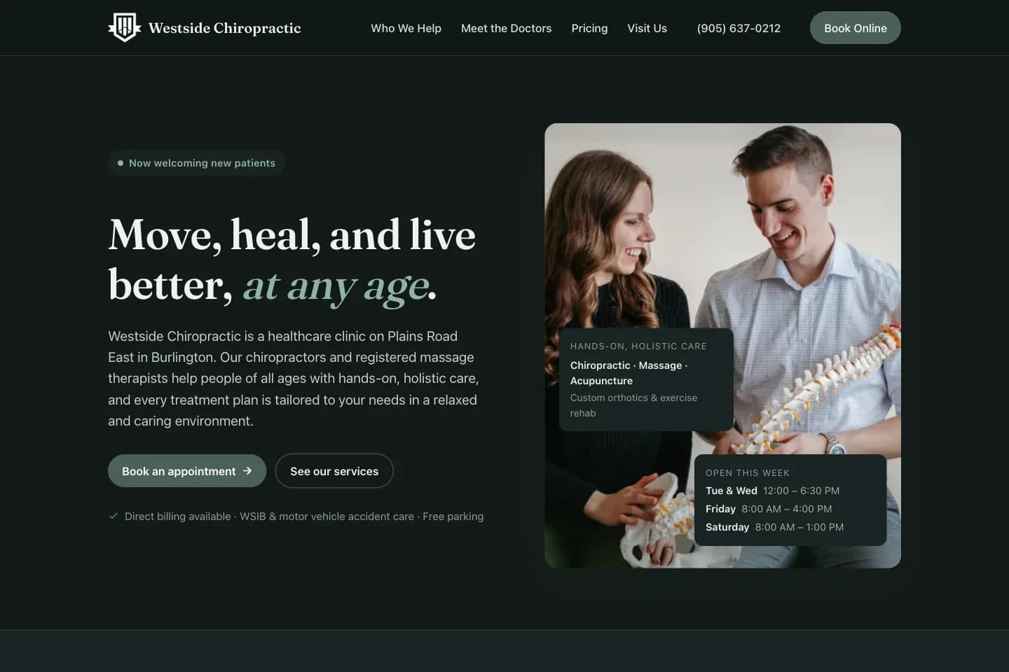 Westside Chiropractic website in dark mode