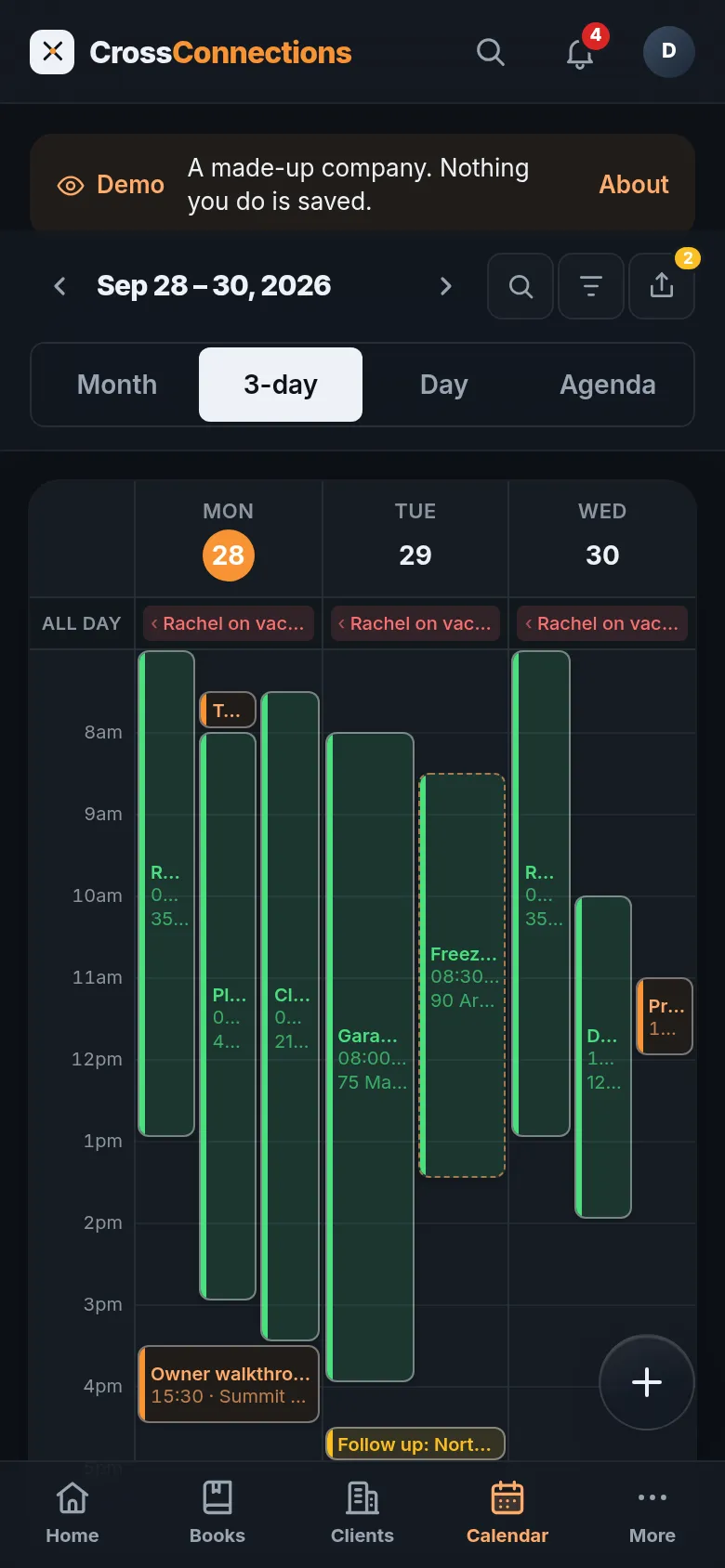 The BadgerAdmin calendar on a phone: three days of crews' jobs.